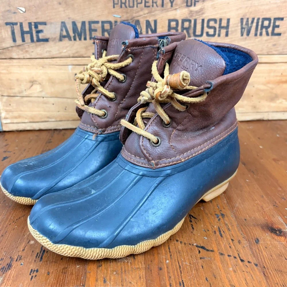 Sperry Saltwater Kids 1‎ Duck Boots Navy Brown Leather Fleece Lined Rain Boots